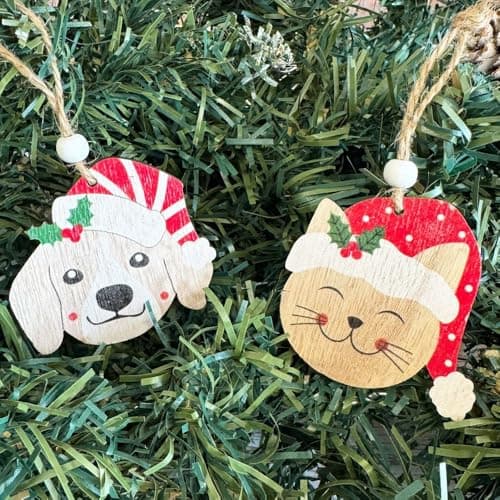 Image of Heaven Sends 8 Wooden Christmas Tree Decorations Cats and Dogs, Christmas Tree Baubles, Flat Baubles, Festive Tree Decoration, Wooden Hanging Decoration