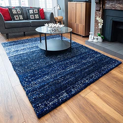 Image of Large Plush Navy Blue 3cm Pile Shaggy Shag Striped Rug Denim Speckled Thick Fluffy Living Room Lounge Sunroom Bedroom Rugs 200cm x 290cm