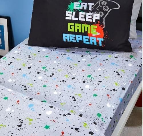 Image of Bedlam - Grey Bed Sheet with Paint Splatter - Single Fitted Sheet (190 x 90 x 28cm) - Bed Sheet for Boys - Gaming Bedding - Gaming Bedroom Accessories - Matching Duvet Cover Available