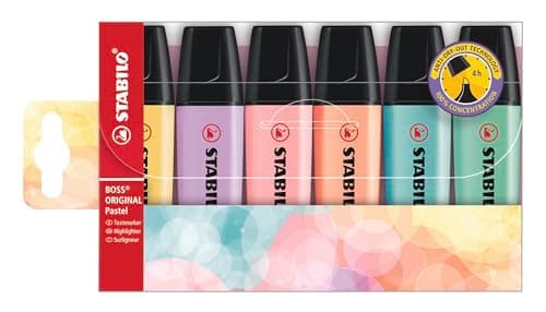 Image of STABILO BOSS ORIGINAL Pastel - Highlighter - Pack of 6 - Milky Yellow, Creamy Peach, Pink Blush, Lilac Haze, Hint of Mint, Touch of Turquoise