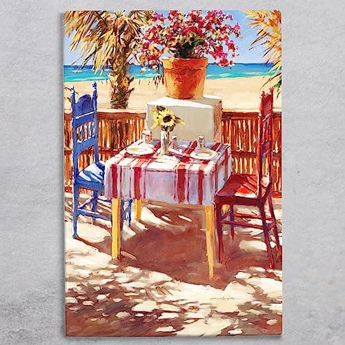 Image of Global Designs Seaside Café Ceramic Tile Picture Plaque Sign Wall Art By Brent Heighton Nautical Scene 30x20cm
