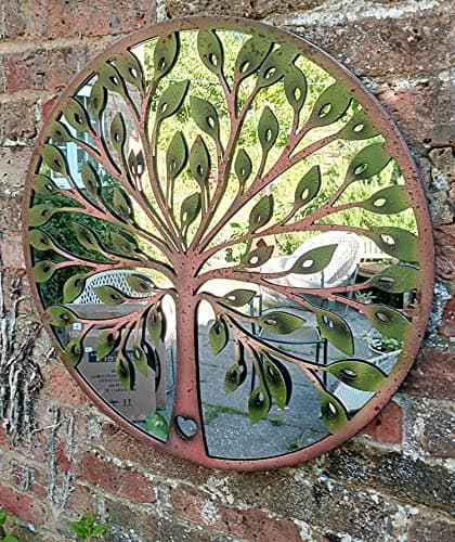 Image of Inspirational Gifting Beautiful green leaf tree of life metal framed wall mirror for your home or garden - 64cm diameter