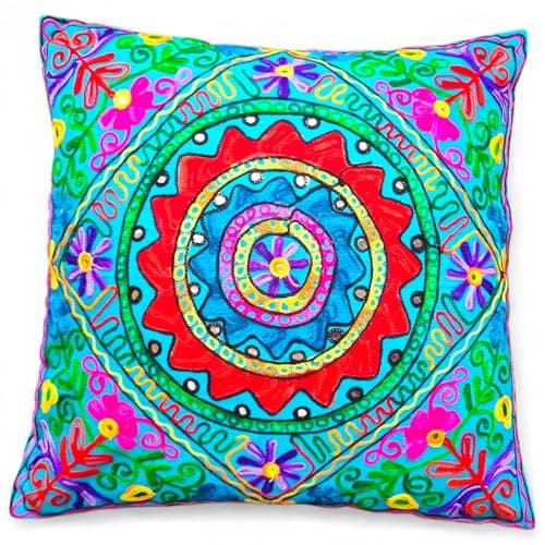 Image of Original Kikan Suzani Multi Colour Floral Embroidery 24" x 24" 60 x 60 cms Indian Ethnic Floor Cushion Cover Sofa Pillow Zipper Vegan (Blue)