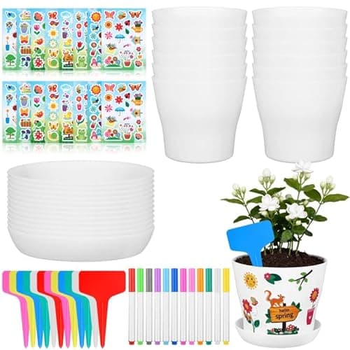 Image of CNSJ Kids Gardening Set 12 Pcs Paintable Resin Garden Pot with Tray Drainage Holes Plant Labels Color Pen and Adhesive Stickers Flower Plant Craft for Childrens Activity DIY Flower Planting