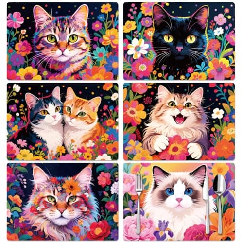 Image of Peacoblue Cat And Flowers Placemats Set of 6,12"x17" Waterproof Washable Table Place Mats for Indoor Outdoor Farmhouse Party Kitchen Dining Table Decoration