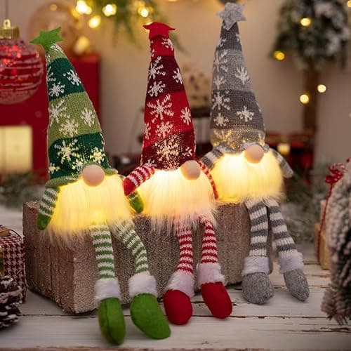 Image of FYKTIK Light Up Gnome Christmas Decorations, LED Xmas Gonks Ornaments, Handmade Swedish Santa Gnomes with Knitted Hat, Festive Gonk Elf Christmas Decor for Home, Shelf & Table Display (3PCS, 33x10cm)