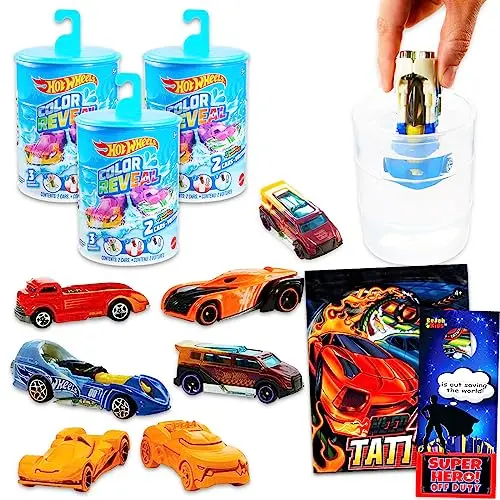 Image of Hot Wheels Color Reveal Toy Cars Playset - Bundle with 3 Hot Wheels Reveal Cars, Plus Need4Speed Tattoos, More | Hot Wheels Gift Set for Kids