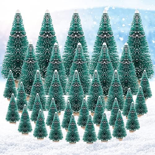 Image of BUENTYA 35 Pcs Miniature Artificial Snow Frost Trees with Wood Base, Green Sisal Tiny Pine Trees for Christmas Party Home Decoration (4 Sizes)