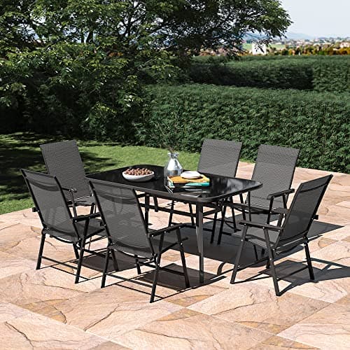 Image of The Fellie Garden Furniture Set Outdoor Dining Table and Chairs 150cm Rectangle Patio Tempered Glass Table Top with Umbrella Hole Foldable Chairs 6 Seats(150cm Rectangle Table+6PC Chair)