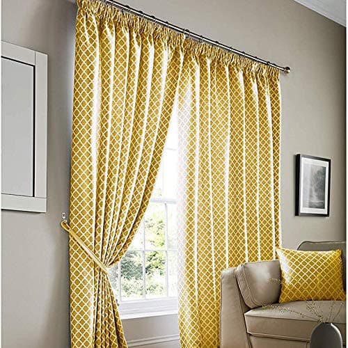Image of Alan Symonds Cotswold Fully Lined Jacquard Pencil Pleat Taped Top Curtains - Ochre (90" x 90")