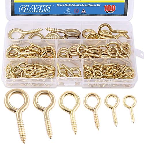 Image of Glarks 100-Pieces 6 Size Brass Plated Lag Eyebolts Screw-in Eye Shape Screw Hooks Hanging Hooks Assortment Set