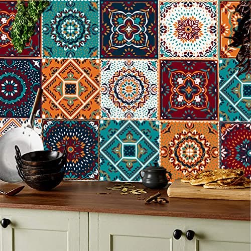 Image of KAIRNE 24pcs Moroccan Tile Decal for Kitchen Decor,Vintage Stair Sticker,Waterproof Tile Decal Stickers,15x15cm Stick on Tiles Kitchen,Peel and Stick Backsplash Moroccan Tiles Bathroom Living Room