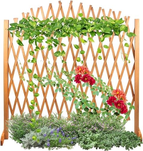 Image of Expanding Freestanding Wooden Trellis Fence Solid Wooden Movable Fence Wooden Decorative Lattice Screen Trellis, 105x180cm, Brown