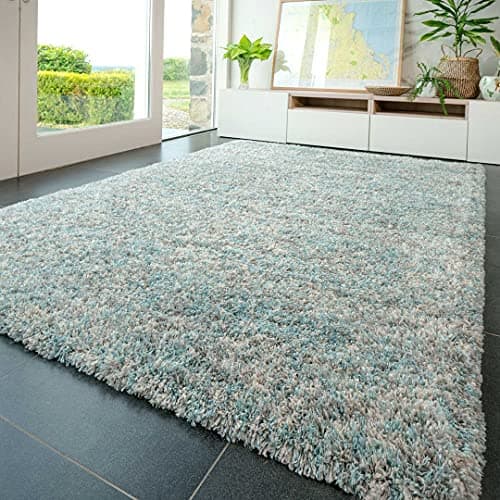 Image of Modern Durable Duck Egg Silver Thick Shaggy Shag Carpet Rug Blue Light Grey Cream Super Soft Mottled Luxury Fluffy Lounge Living Dining Room Bedroom Area Rugs 160cm x 230cm