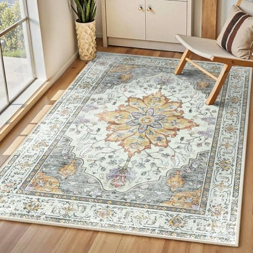 Image of INOVADAY Machine Washable Rugs 90x150 cm Vintage Area Rug Low Pile Anti-Slip Carpet with Print Pattern for Living Room Bedroom Home Office Indoor Yellow/Grey/Orange/Purple