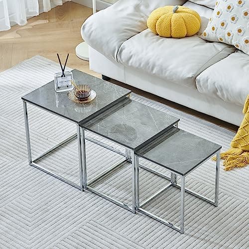 Image of Ansley&HosHo Set of 3 Nested End Tables, Marble Look Nesting Coffee Tables, End Side Table with Metal Frame for Living Room Reception, Bedside Tables, Stacking Side Tables Lamp Tables, Grey Marble