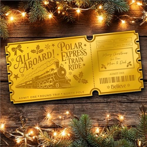 Image of Gold Mirror Acrylic Golden Ticket Polar Express Train Christmas Personalised Any Text Voucher | Custom Surprise Reveal Voucher Ticket | Announcement Greeting Card | Note Card