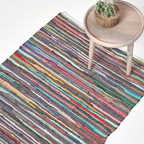 Image of HOMESCAPES - 100% Recycled Cotton Chindi Rug - 90 x 150 cm - 3 ft x 5 ft - Multi Coloured Stripes on White Base