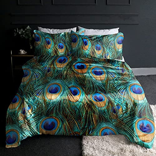 Image of BlessLiving Peacock Feather Silky Duvet Cover Aqua Blue Turquoise Satin Bedding Set 3 Piece Fantasy Sparkly Bedding Bird Bedspread (Double)