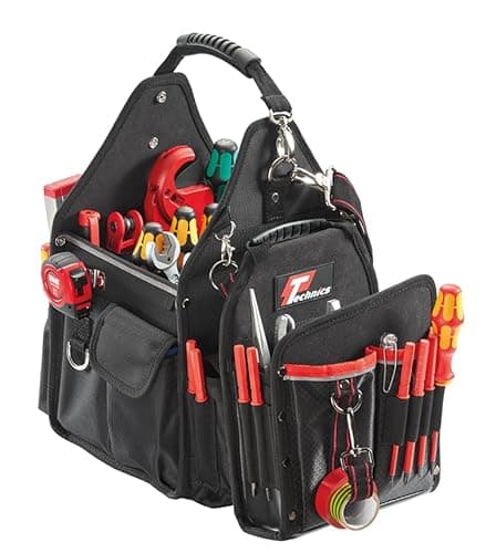 Image of Technics Professional Tool Bag, Heavy-Duty Tool Tote with Multiple Pockets, Kickstand Base, Black