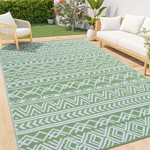 Image of smiry Outdoor Rug for Patios Waterproof, Anti-slip Reversible Garden Rugs Plastic Straw Carpet UV Resistant Area Rugs for Camping, Deck, Beach, Picnic, Backyard(120 x 160 cm, Green & White)