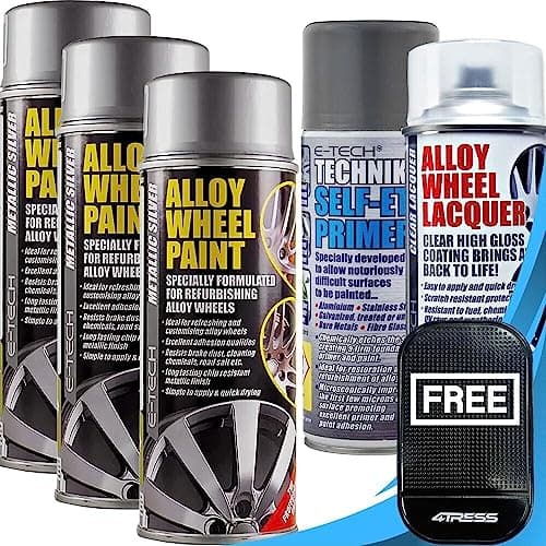 Image of 4TRESS E-Tech 3 x 400ml Metallic Silver Chip Resistant Alloy Wheel Spray Paint, 1 x Clear Lacquer Car Alloy Wheel Paint, 1 x 400ml Self Etch Grey Primer Non Slip Car Dash Mat