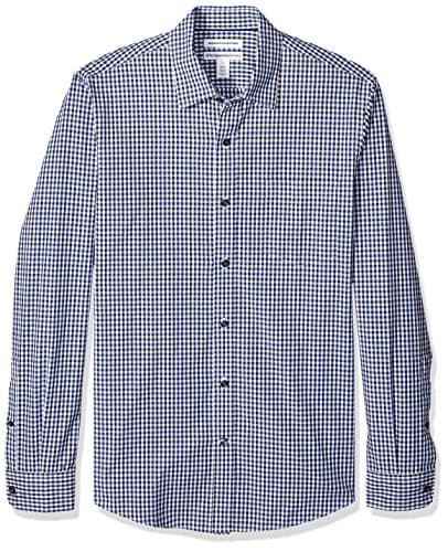 Image of Amazon Essentials Men's Slim-Fit Long-Sleeve Poplin Shirt, Black Blue Gingham, XXL