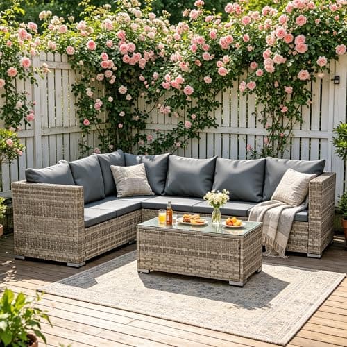 Image of Aweather 6 Seater Rattan Garden Furniture Outdoor Corner Sofa Set, All-Weather PE Rattan Wicker Patio Conversation Set with Modern Glass Coffee Table and Washable