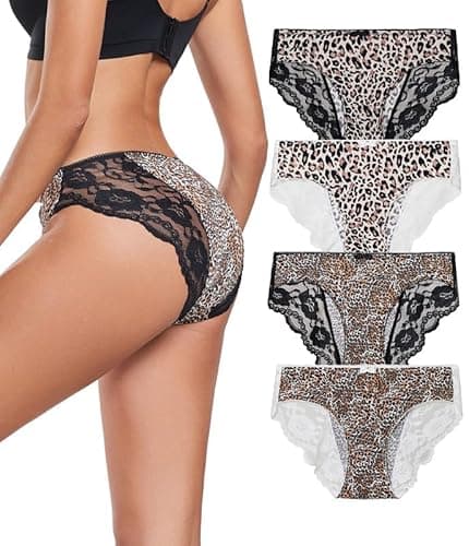 Image of COLORFULLEAF Floral Lace Underwear for Women Stretchy French Knickers Sexy Animal Print Brief for Ladies Hipster Panties(4C,L)