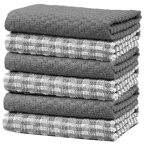 Image of Olivia Rocco 100% Cotton Ascot Check Terry Tea Towels for Kitchen Pack of 6 Super Absorbent Dish Cloth Towel for Drying & Cleaning Household Essentials, Grey- 6 PK