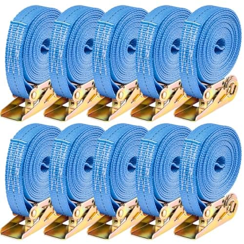 Image of Youyijia 10 Pack Heavy Duty Ratchet Tie Down Straps, 6M x 25mm, 800KG Load Capacity, Adjustable Tensioning Belts for Motorcycles, Trailers, Cars, Cargo (Blue)
