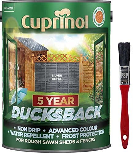 Image of New 2018 Cuprinol Ducksback Shed & Fence Paint 5 Litre Silver Copse. Non Drip, Water Repellent and Frost Defence. Protection for 5 Years. Includes PSP Touch up Brush.