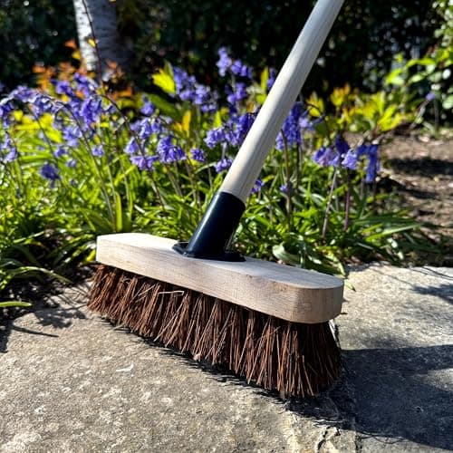 Image of 9" Deck Scrub Brush with Handle - Heavy Duty Outdoor Stiff Bassine Bristles Scrubbing Broom - Hard Brush for Decking Patio Garden Yard Driveway Path Sweeping - Tough Bristles for Wet or Dry Cleaning