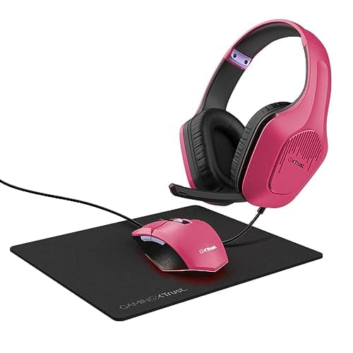 Image of Trust Gaming GXT 790P Tridox 3-in-1 Gaming PC Bundle - Lightweight Headset with 50mm Drivers, Programmable Wired Mouse 200-6400 DPI, Mouse Mat, Gamer Set for Computer, Laptop, Desktop - Pink