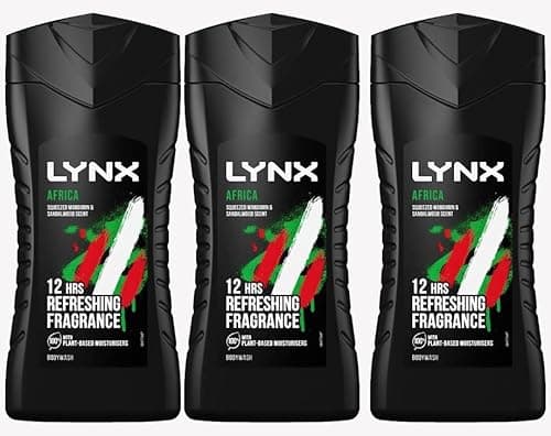 Image of Lynx Africa 12 Hours of Refreshing Fragrance. 3x 225ml Bottles of Squeezed Mandarin & Sandalwood Scent.
