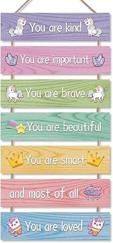 Image of ANHUIB Inspirational Wall Decor Unicorn Aesthetic Girl Room Wall Art Motivational Room Decor Positive Saying Wooden Wall Hanging Sign For Teen Girl Toddler Room Nursery Decor Kids Positive Wall Signs