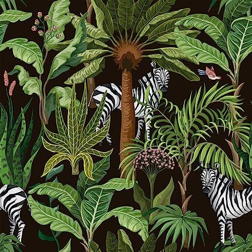 Image of VEELIKE Zebra Jungle Wallpaper Tropical Leaf Wallpaper Vintage Black Floral Wall Paper Patterned Wall Mural Botanical Lining Paper Bedroom Living Room Hallway Removable 44.5cmx300cm