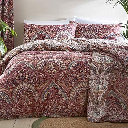 Image of Dreams & Drapes Maroon Jacobean Duvet Cover Set – Single Size (140x200cm) – Reversible Moroccan Boho Bedding – 1 Pillowcase – Persian Floral Quilt Cover – Red Exotic Bedroom Decor – Soft & Washable