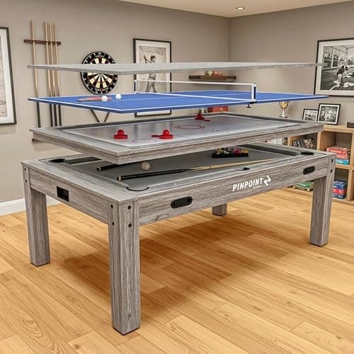 Image of PINPOINT 4-in-1 Multi Games Table – Pool, Air Hockey, Table Tennis & Tabletop Games – Full Size 7ft Indoor Table with Accessories Included – Grey Driftwood Finish for Games Rooms & Family
