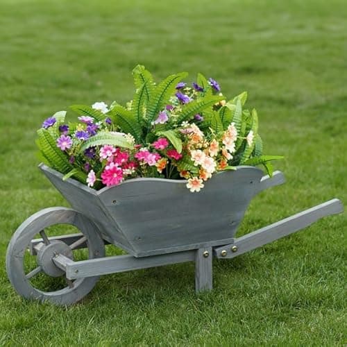 Image of SelectTraders Wooden Wheelbarrow Planter, Large Rustic Garden Planter for Outdoor Plants, Patio, and Balcony Decor