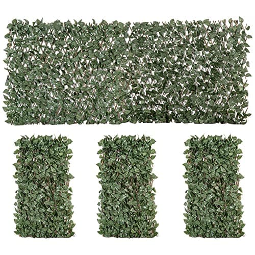 Image of Outsunny 4 Pieces Expanding Trellis Fence, 2m x 1m Decorative Trellis with Artificial Leaves Garden Telescopic Hedge Privacy Screen Greenery Walls for Garden Balcony Home Decor