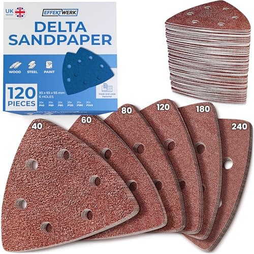 Image of EffektWerk Delta Sandpapers (120 PK, 6 Holes) - 93mm Triangular Sanding Pads for Mouse Sanders - Self-Adhesive w/Hook & Loop Closure - Fine & Coarse Sanding w/ 40, 60, 80, 120, 180, 240 Grits