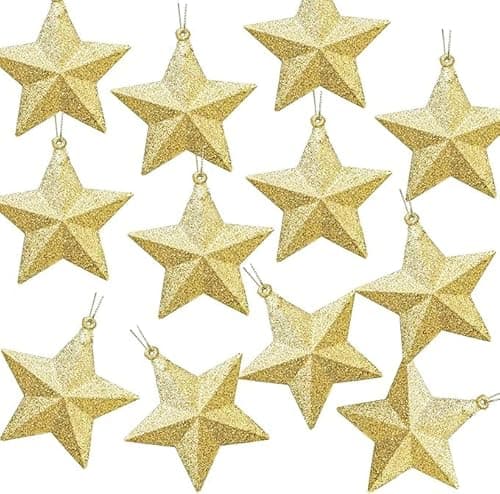 Image of ATB-Foger 12 x Gold Star Christmas Decoration with Lanyards Xmas Tree Baubles Glitter Star Hanging for Tree, Fireplace, Window, Advent, Table 7.5cm
