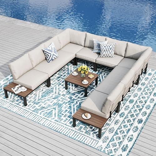 Image of PHI VILLA Garden Furniture Metal Corner Sofa 10 Seaters, U shaped Outdoor Conversation Sofa Couch Set, 9 Pieces Patio Sectional Furniture Sets with Thickened Cushions, Beige