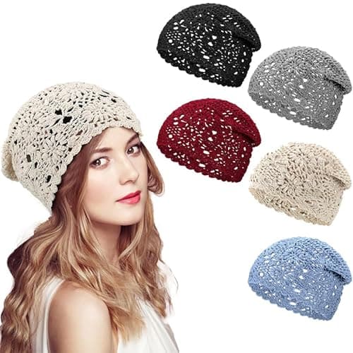 Image of Rivweten 1 Pc Women Crochet Hat Slouchy Knit Beanie Cotton Handmade Knit Hat Summer Winter Soft Comfortable Floral Skull Cap (UK, Alpha, One Size, Beige)