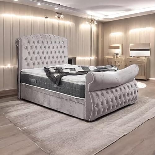 Image of 3FT Single Chesterfield Luxury Sleigh Bed Frame With Headboard Upholstered In Plush Velvet Silver Bed Wooden Slats – No Mattress – No Storage (Silver Plush, 3FT Single - No Mattress)