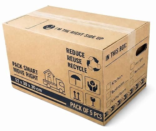 Image of BH | Large Cardboard Moving Boxes | 5-Pack | 52cm x 30cm x 30cm | 47 Litres | Strong Reusable Packing Boxes | House Moving Packing with Carry Handles and Room List Checkboxes - by Best House