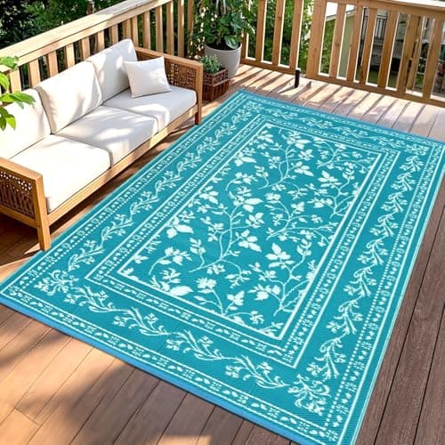 Image of TUKDAK Blue Outdoor Rugs for Patios Waterproof 150x245cm, Reversible Large Garden Rug, Summer Foldable Outside Rug, Recycled Plastic UV Resistant Camping Carpet for Balcony RV Picnic Backyard Deck