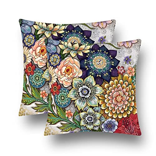 Image of JIMOWANG Boho Floral Throw Pillow Covers Set of 2 Colourful Bohemian Flower Decorative Cushions Pillowcase 18 x 18 Inch for Bedroom Sofa Home Decor