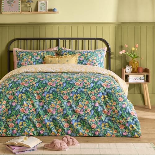 Image of furn. Emerie Duvet Cover Set – Reversible Floral Bird Easy Care Country Garden Cotton Blend Bedding (Navy - King)